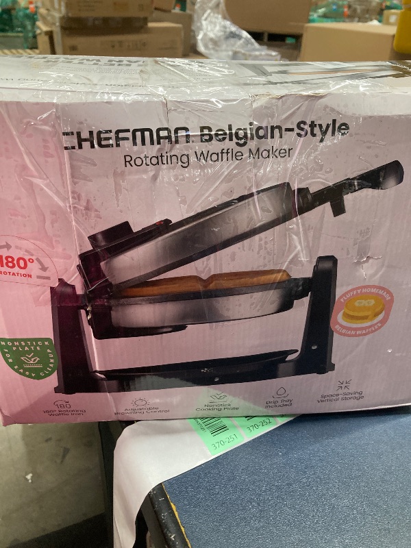 Photo 1 of ***(USED -SELLING AS IS)*** Chefman Rotating Belgian Waffle Maker, 180° Flip Iron w/ Non-Stick Plates, Adjustable Timer, Locking Lid, & Drip Plate, Space Saving Storage, Mess-Free Breakfast, Stainless Steel/Black***(USED -SOME SCUFFS/SCRATCHES, GREASE RES
