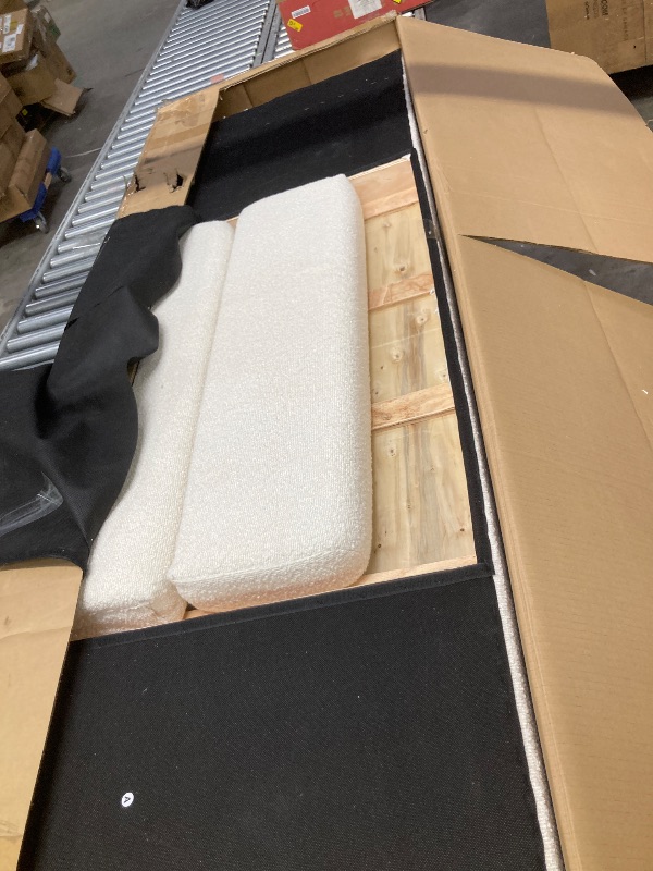 Photo 1 of **MISSING BOX/INCOMPLETE SET***Merax King Size Upholstered Bed Frame with Boucle Thick Headboard, 42.5" Wingback Platform Bed Frame with No Box Spring Needed, White Fabric Modern Bedroom Platform Bed