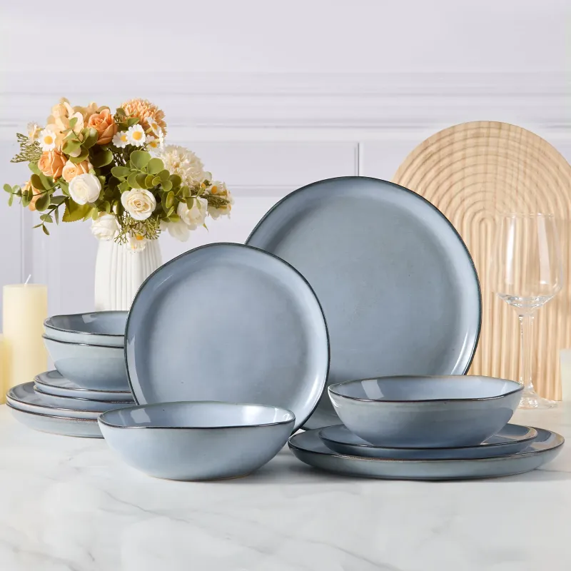 Photo 1 of ***MISSING PIECES -SELLING AS IS*** Vesteel Dinnerware Set for 4, 8 Pieces Premium Stoneware Plates and Bowls Set, Handmade Reactive Glaze Dishes for Home, Chip & Scratch Resistant, Microwave and Dishwasher Safe - Foggy Blue