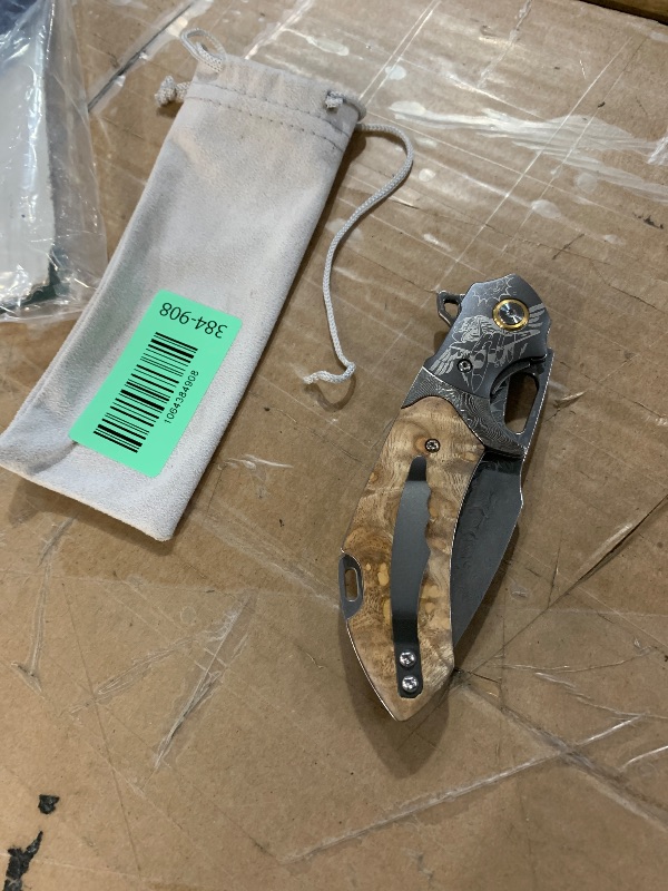 Photo 1 of *****Stock photo reference only****** ALVELY Damascus Steel Folding Pocket Knife?8.6in Men's EDC knife?With leather sheath?pocket clip?Liner Lock?Fighter Pattern?Tree Tumor Shadow Wood Handle?For outdoor hunting Fishing camping knife