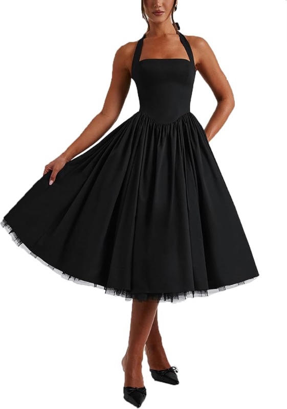 Photo 1 of 
***STOCK IMAGE FOR REFERENCE***Women Summer Halter Dress Low Cut Sleeveless A Line Tulle Swing Flowy Tea Length Dress Corset Prom Formal Ball Gowns size M