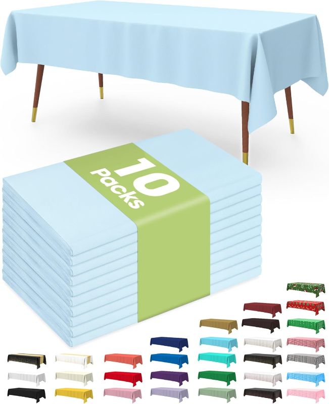 Photo 1 of 
Pureegg Plastic Table Cloth Disposable 10 Pack, 54 x 108 Inch Table Cloths, Easter Party, Picnic, Wedding, Decorative Tablecloths, Rectangle, Baby Blue Plastic Cover, Leakproof & Sturdy, Light Blue
