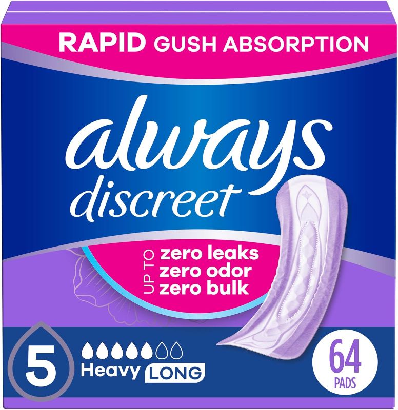 Photo 1 of ***FACTORY SEALED***Always Discreet Adult Incontinence Pads for Women, Drier vs Poise, 5 Drop Long Length, Heavy Absorbency, Pads for Bladder Control Management, Bladder Leaks, & Postpartum Pads, 64ct