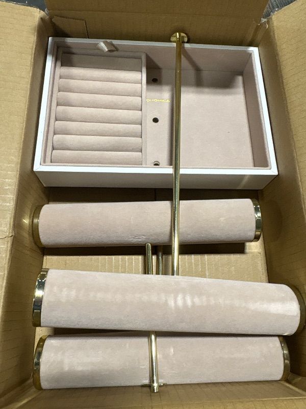 Photo 1 of **MISSING HARDWARE**
SONGMICS Bracelet Holder Stand, Jewelry Display Stand, Jewelry Organizer, with 3 Tiers and Velvet Tray, Removable Ring Holder, Cloud White and Camel Brown UJJS027A01