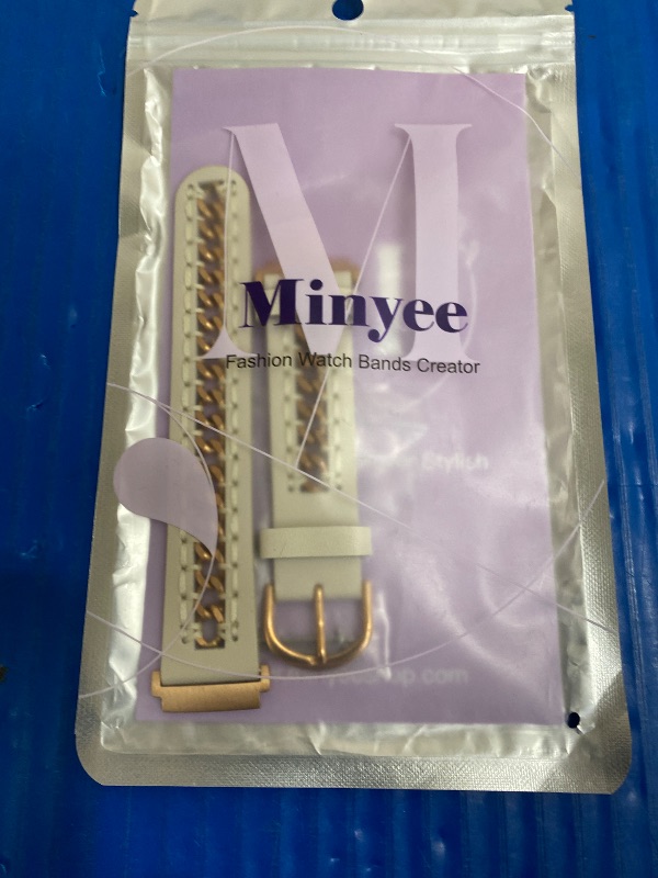 Photo 1 of ***STRAP ONLY****Minyee Leather Band Compatible with Samsung Galaxy Watch 7/6/5/4/FE/Active 2 40mm 44mm/Watch 6 Classic 43mm 47mm/Watch 5 Pro 45mm Bands, 20mm Dressy Leather Strap with Metal Chain, Starlight/Rose Gold