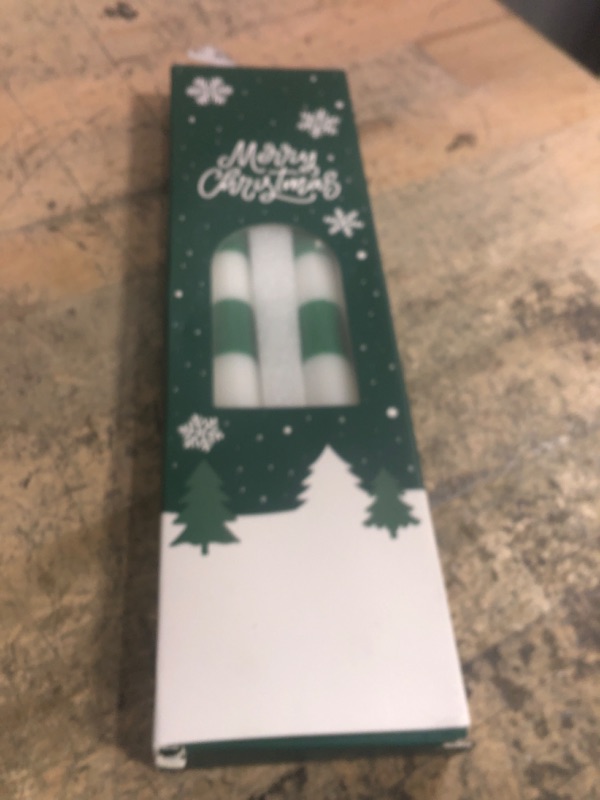Photo 1 of 2 Pack Christmas Taper Candles, 10 Inch Unscented Candlesticks with Green Stripe Design for Holiday Table Centerpiece, Fireplace Mantel, Winter Weddings, Advent Wreaths, Seasonal Home Decor