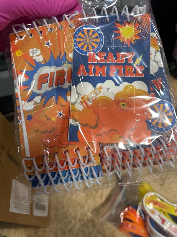 Photo 1 of (packaged, unopened) Vertintong 110 Pcs Dart Battle Party Favors Back to School Gifts Includes Dart Party Favor Bags Silicone Wristbands Badges Notebook Keychain Stickers Bendable Pencil for Birthday