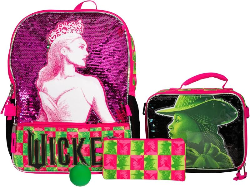Photo 1 of (lunch bag not included) AI ACCESSORY INNOVATIONS Wicked 2 Piece Backpack Set, Galinda & Elphaba Flip Sequin Girls School Bag with Front Zip Pocket, 2 Side Mesh Pockets, Pink & Green