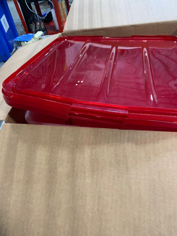 Photo 1 of ***SIMILAR***HOMZ 3-Pack Holiday Tote, Plastic Storage Organizer Bins with Lids, 31 Quart, Clear/Red - Stackable Organizing Containers for Home, Garage, and Office