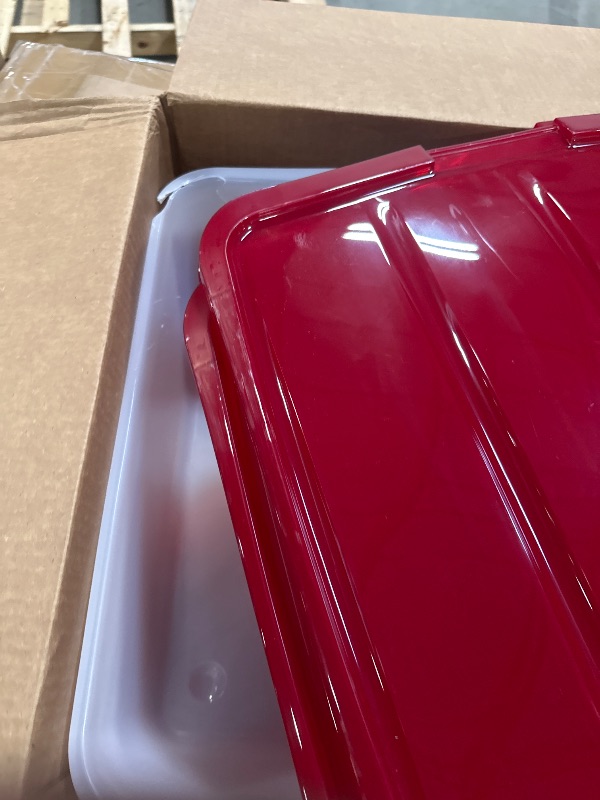 Photo 1 of ***SIMILAR***HOMZ 3-Pack Holiday Tote, Plastic Storage Organizer Bins with Lids, 31 Quart, Clear/Red - Stackable Organizing Containers for Home, Garage, and Office