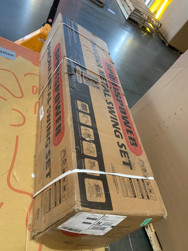 Photo 1 of **factory sealed**Sportspower Ramona Metal Swing Set 7-in 1: 3 Swings, Climbing Ladder and net, Basketball Hoop, and 5-ft Blow Molded Slide, 700lb Capacity, Yellow & Blue, Bonus Anchor kit Included