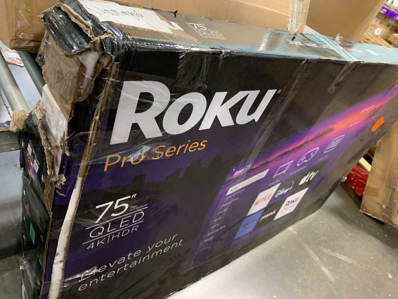 Photo 1 of **UNTESTED** **SOLD FOR PARTS** Roku Smart TV – 75-Inch Pro Series 4K QLED RokuTV with Backlit Roku Voice Remote Pro, Dolby Vision IQ, 120Hz Refresh Rate – Live Local News, Sports, Gaming