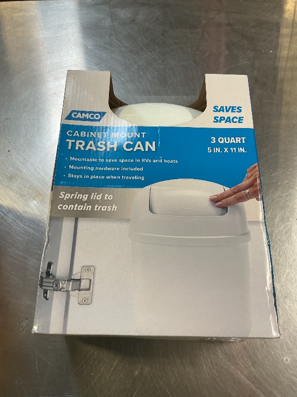 Photo 1 of Camco RV Cabinet Mount Trash Can | Ideal for Tight Spaces in RVs, Boats, Dorms, Kitchens, Bathrooms, Laundry Rooms, and More | Spring-Top Lid | 3-Quart, White (43961)