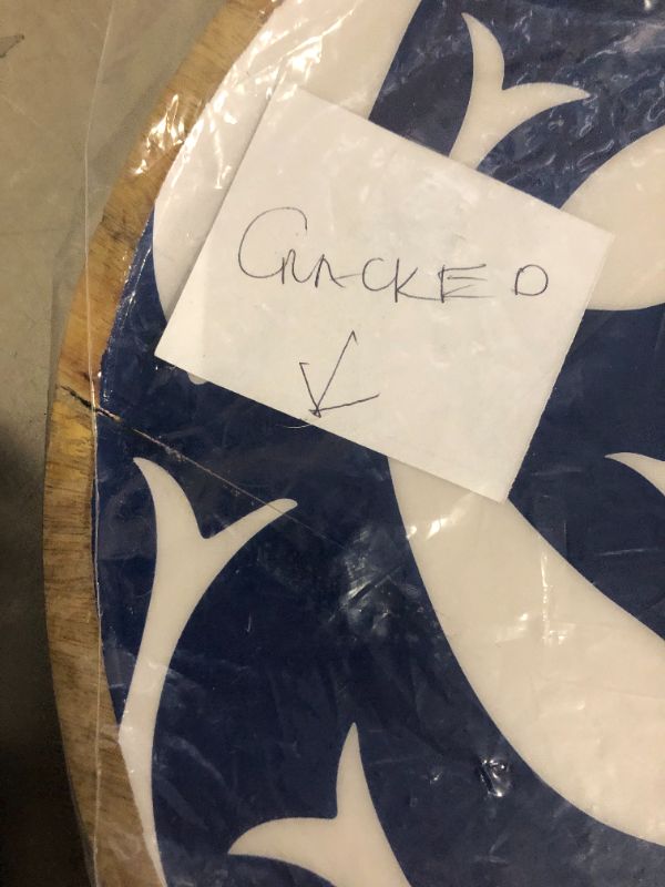 Photo 1 of *SMALL CRACKED* Boston International Round Platter Mango Wood Serving Dish, 12", Navy Swirl Fish