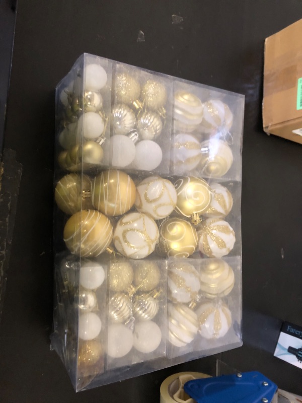 Photo 1 of 100Pcs Christmas Balls Ornaments Set, Shatterproof Christmas Decorations with Hand-held Gift Package for Xmas Tree/Holiday/Wedding/Holiday/Party Decor (Gold & White)