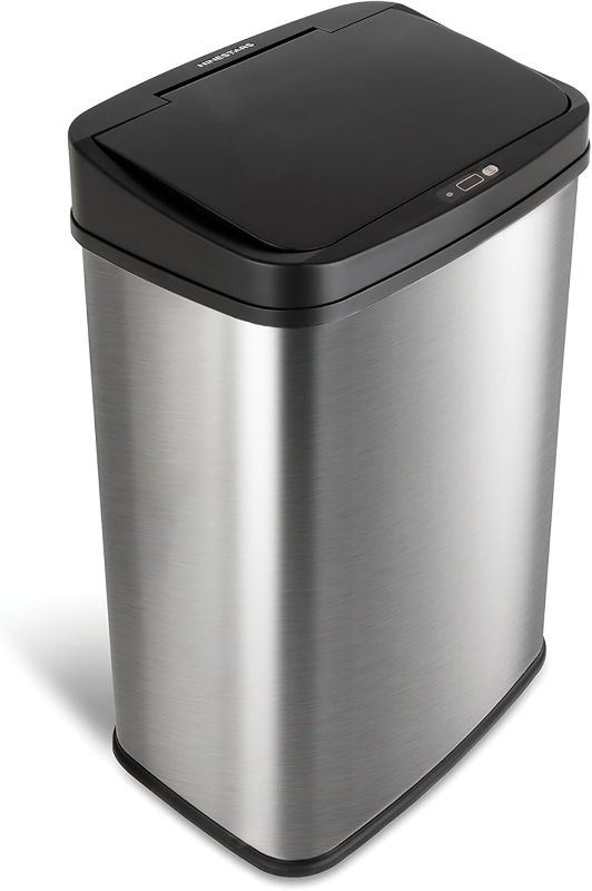 Photo 1 of Ninestars Automatic Touchless Infrared Motion Sensor Trash Can, 13 Gal 50L, Stainless Steel Base (Rectangular, Black Lid), Black Trim
