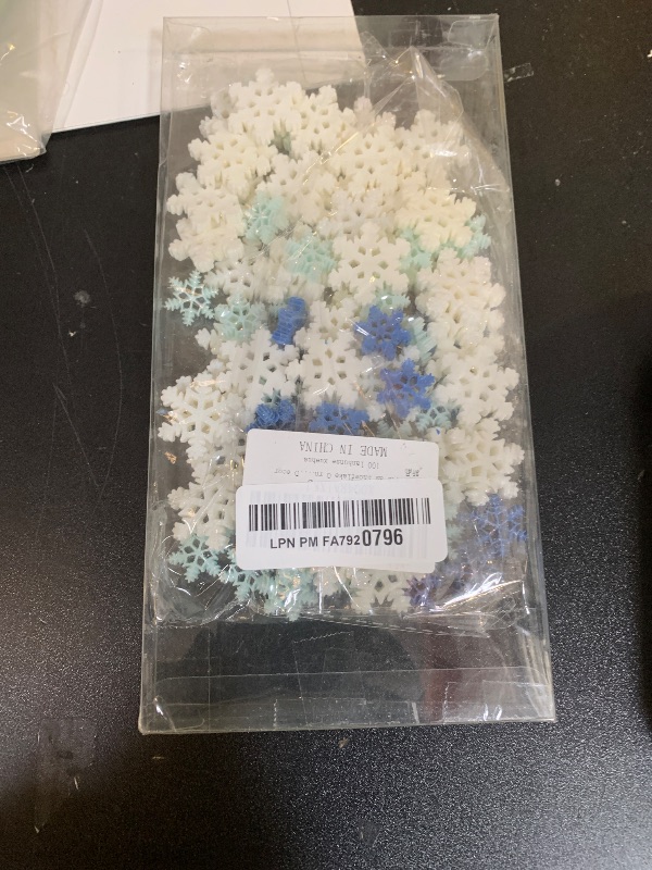 Photo 1 of 100Pcs Mini Snowflake Ornament Christmas Decorations- Glitter Resin White and Blue Snowflakes Christmas Craft Embellishment for DIY Craft Xmas Tree Winter Party Table Decor (3 Sizes)
