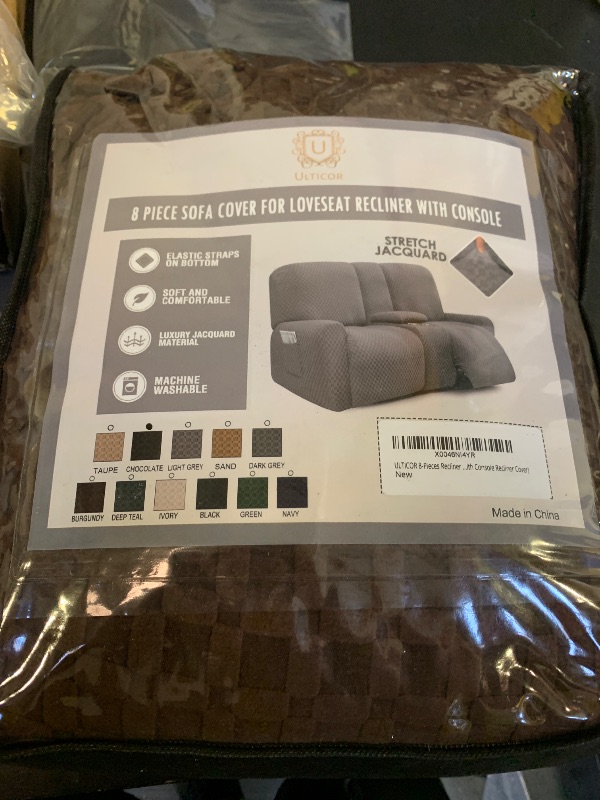Photo 1 of ULTICOR Reclining Love Seat with Middle Console Slipcover, 8-Piece Jacquared Stretch Loveseat Reclining Sofa Covers, 2 seat Loveseat Recliner Cover, Thick, Soft, Washable, (Style 2) (Chocolate)