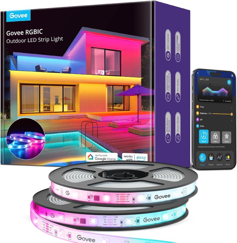 Photo 1 of Govee Outdoor LED Strip Lights, 65.6ft Smart Led Strip Lights Work with Alexa and Google Assistant, App Control, IP65 Waterproof, RGBIC Outdoor Lights for Patio, Eave, Patio Decorations
