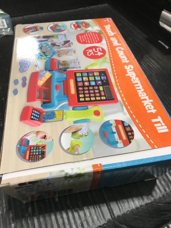 Photo 1 of PLAY Kids Cash Register Toy Supermarket with Register Pretend Play Calculator Register Toys with Scanner/Microphone/Credit Card/Conveyors/Cans/Drink/Play Money, Cash Register for Kids Ages 3+