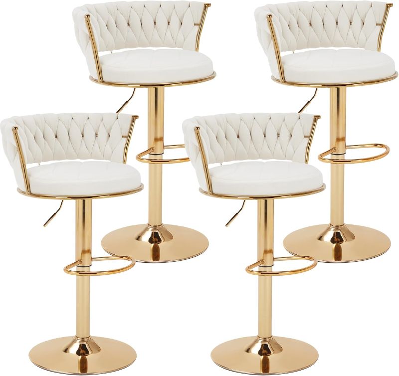 Photo 1 of only two included----------------------------VECELO Bar Stools Set of 4, Modern Luxury Velvet Woven Counter Height Stools with Back and Arm, Gold Metal Leg & Base, 360 Swivel Bar Chair for Pubs Dining Room, White