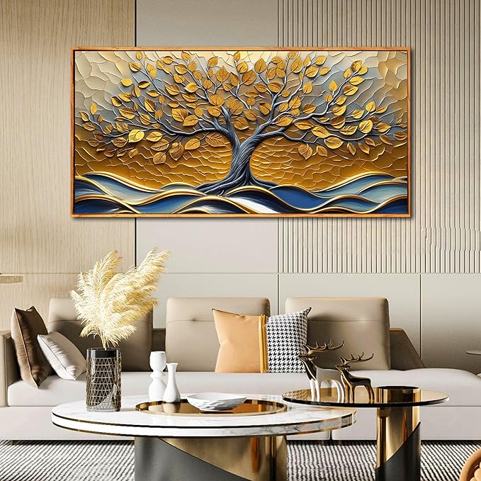 Photo 1 of Tree Wall Art for Living Room, Gold Canvas Wall Decor for Bedroom, Picture Print Artwork, Large Size 59 x 29 Inches Framed
