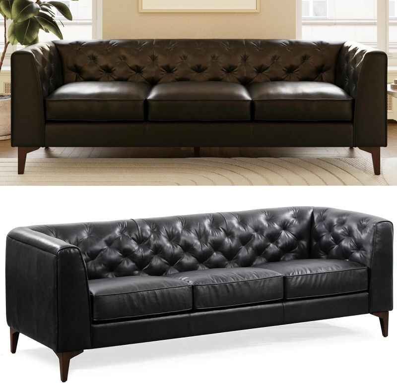 Photo 1 of POLY & BARK Essex 89” Full-Grain Italian Leather Sofa – Tufted Back, Feather-Down Comfort, Solid Wood Frame, Onyx Black
