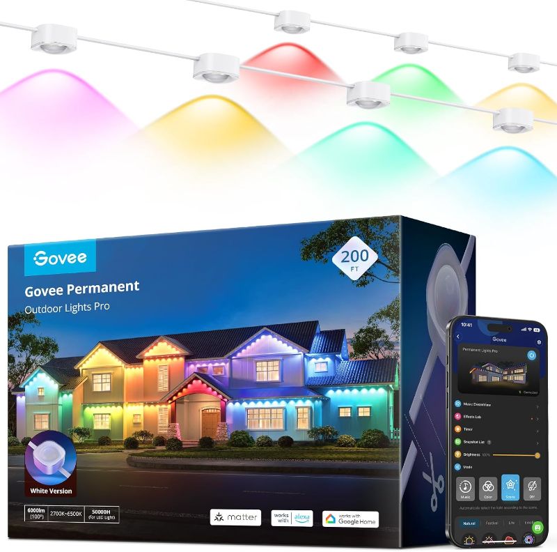 Photo 1 of Govee Permanent Outdoor Lights Pro, 200ft with 120 RGBIC LED Lights for Daily and Accent Lighting, 75 Scene Modes for Outdoor Decor, IP67 Waterproof, Works with Alexa, Google Assistant, Matter, White