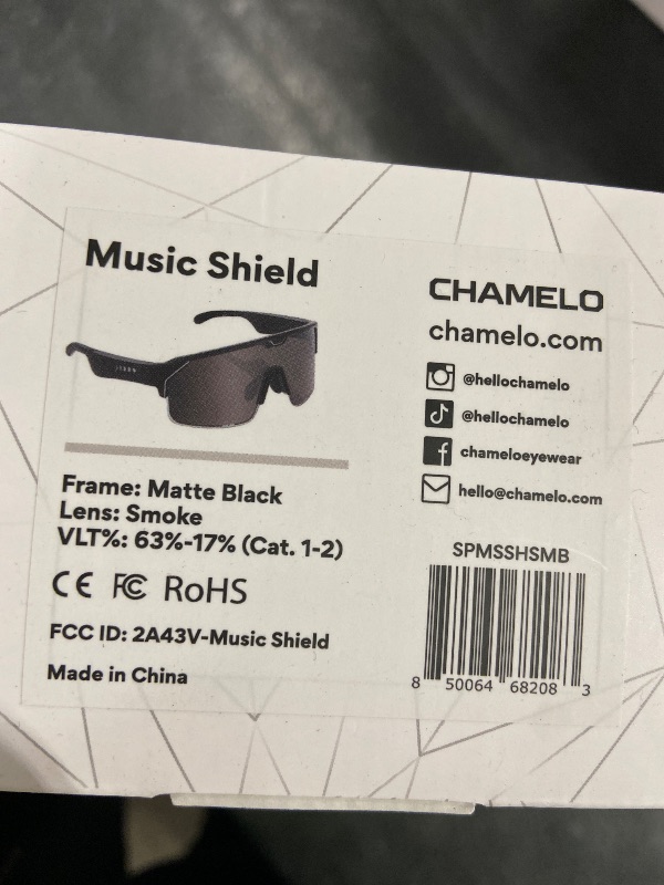 Photo 1 of CHAMELO Music Shield Smart Audio Sunglasses – Matte Black Frame, Smoke Lenses | Open-Ear Bluetooth Glasses for Men & Women with Electronic Tint Control, Sweat Proof, Sports Eyewear, 100% UV Protection