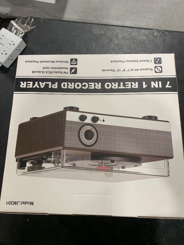 Photo 1 of 7-in-1 Record Player Bluetooth Turntable with Built-in Stereo Speakers, Support Bluetooth in & Out and AM/FM Radio, Belt Drive 3-Speed Turntable with Pitch Control & RCA Line Out & Auto Stop