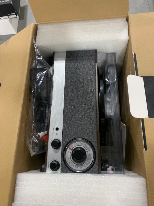 Photo 1 of 7-in-1 Record Player Bluetooth Turntable with Built-in Stereo Speakers, Support Bluetooth in & Out and AM/FM Radio, Belt Drive 3-Speed Turntable with Pitch Control & RCA Line Out & Auto Stop