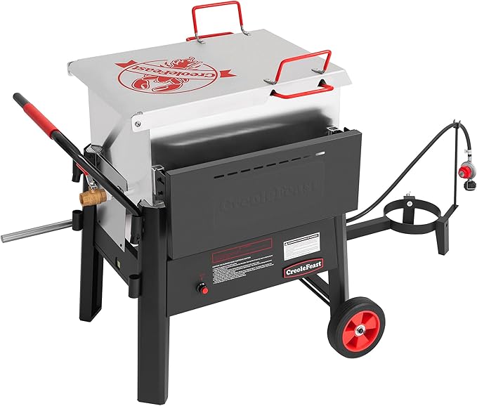 Photo 1 of Creole Feast CFB3001 70 QT Outdoor Crawfish Boiler with Stir Paddle & Wheels, Heavy-Duty Seafood Boiler with Foldable Cylinder Bracket for Cajun Boils, Shrimp, Crab, and More, Silver & Black