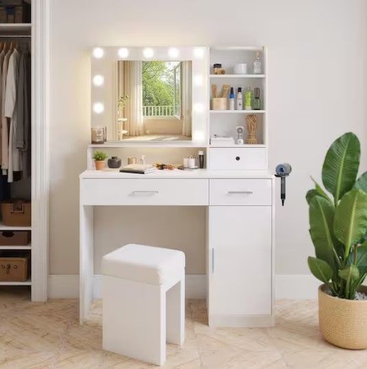 Photo 1 of 1-Door White Makeup Vanity Dressing Table with Adjustable Mirror