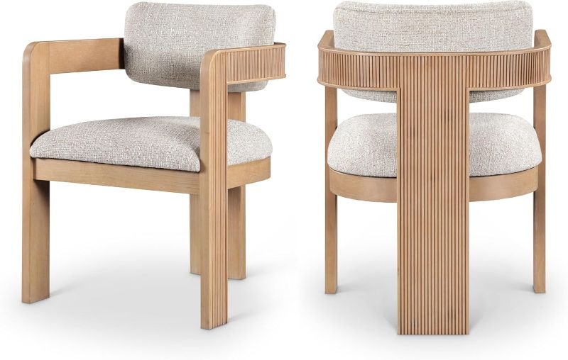 Photo 1 of Meridian Furniture 11091Beige-C Sacha Collection Art Deco Dining Chair, Textured Fabric, Two Tone Weave, Solid Fluted Wood, Natural Finish, 22.5" W x 22" D x 31" H, Set of 2
