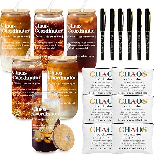 View 1 of 6 Set Employee Appreciation Gifts Bulk, Chaos Coordinator Gifts for Coworker Staff Teacher Nurses, Thank You Glasses Cups 16 oz Can Shaped Beer Glass Makeup Bag Ballpoint Pen for Women Men