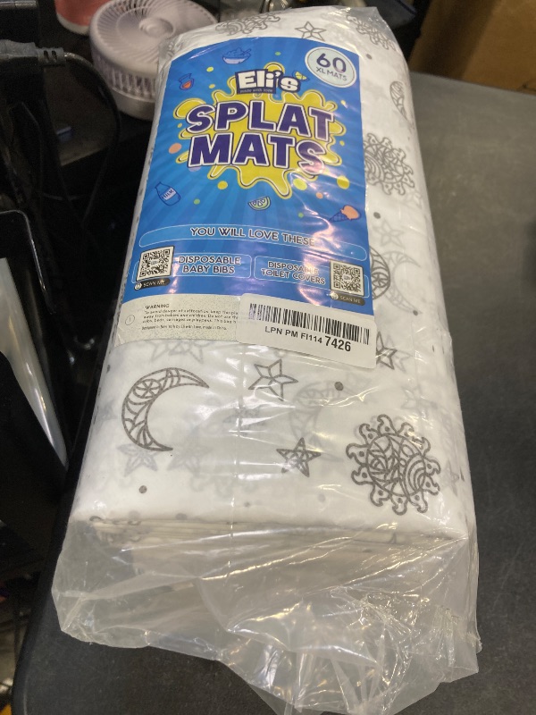 Photo 1 of 60 Pack Disposable Splat Mats by Eli with Love - Extra Large 49"x49" 100% Waterproof Baby Splat Mat for Under High Chair - Plastic Mat Liner for Floor - Protect from Spills (Moon & Stars, 60 Pack)