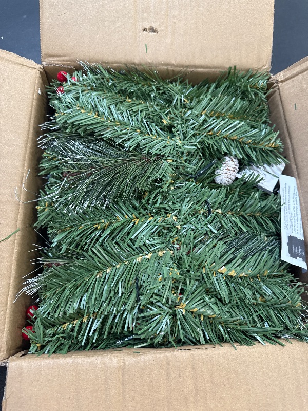 Photo 1 of [ Timer & 8 Modes ] 9 Ft by 10 Inch 50 LED Prelit Christmas Garland Decorations Warm White Lights Thick 270 Snowy Tips 70 Red Berry 10 Pinecone Xmas Decor Garland Indoor