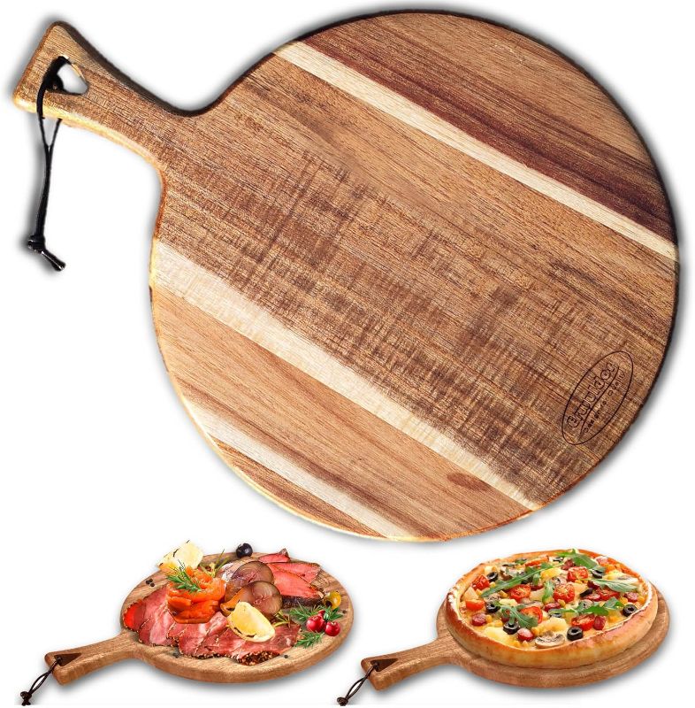 Photo 1 of Acacia Wood Cutting Board -12" Round cutting board with Handle.charcuterie boards-Serving Board-Pizza Board-Cheese Board.decorative cutting boards for kitchen-Durable Multipurpose Set of 2