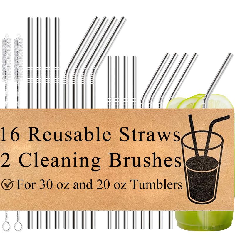 Photo 1 of 16-Pack Reusable Stainless Steel Metal Straws with Cleaning Brush - Long Metal Straws Drinking for 30 oz and 20 oz Tumbler Eco Friendly