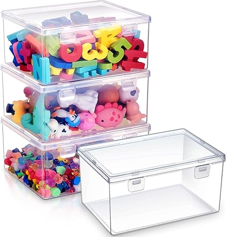 View 1 of 4 Pcs 7.09 x 5.2 x 3.43 Inch Clear Plastic Playroom and Gaming Storage Organizer Box Containers Stackable Storage Bins with Lids for Shelves or Cubbies, Holds Puzzles Building Blocks
