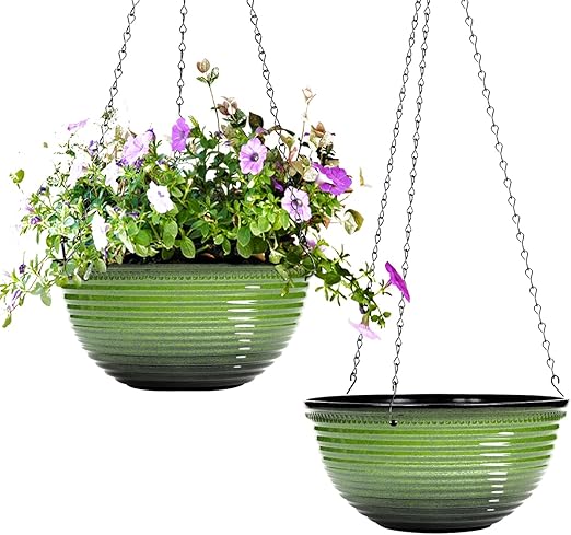 Photo 1 of 2 Pack Hanging Planters for Indoor Outdoor Plants, 10 Inch Hanging Planter with Drainage Hole & Plug Glazed Hanging Baskets Flower Pots for Garden Home (Blue)
