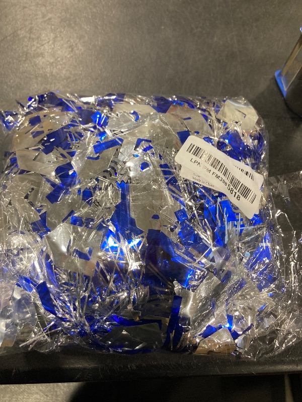Photo 1 of 4 Strings Total 26.4 ft Hanukkah Tinsel Garlands – Each 6.6 ft Blue and Silver Metallic Garland with Star of David, Dreidel, and Menorah Cutouts for Festival of Lights Decorations