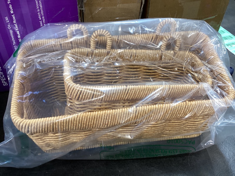 Photo 1 of 2 Pcs Woven Hanging Wall Baskets for Storage Boho Style Hanging Storage Plastic Woven Baskets with 4 Hooks for Kitchen Garden Living Room(Light Brown, Imitation Rattan Plastic)