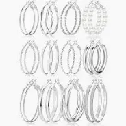 Photo 1 of 12 Pairs Silver Hoop Earrings for Women, Lightweight Hypoallergenic Thin Large Hoop Earring Set for Jewelry Gift 