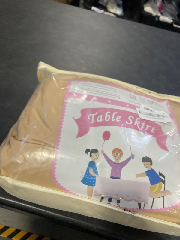 Photo 1 of  Beige Table Skirt for Rectangle Tables Decorations - Wrinkle Resistant Polyester Pleated Table Skirting Desk Skirts for Office Baby Shower Birthday Party Wedding Banquet