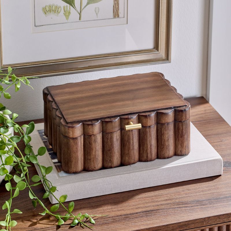 Photo 1 of ***MISSING HANDLE SCREW ON BAR***Better Homes & Gardens Scalloped Wooden Jewelry Box, Trinket Organizer with Lid, Decorative Storage for Rings, Earrings, Keepsakes, Nightstand or Dresser Display, Natural Wood Finish