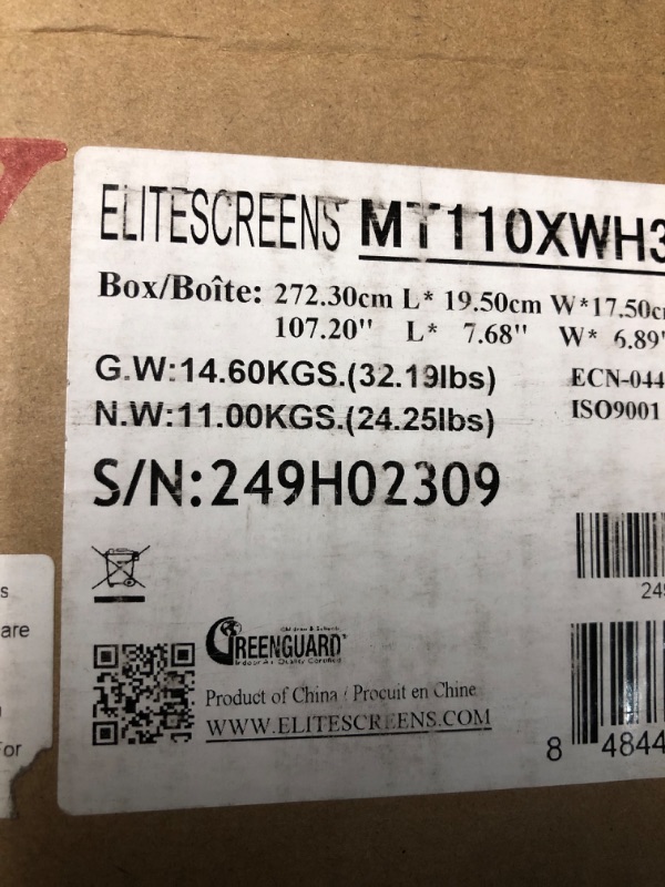 Photo 1 of ***FACTORY SEALED**OPENED FOR INSPECTION ***Elite Screens Manual Tab-Tension 3, 110-INCH with Extra 12" Drop, Pull Down Projector Screen Home Movie Gaming Presentations ISF Certified Premium CineWhite® P Material, MT110XWH3-E12