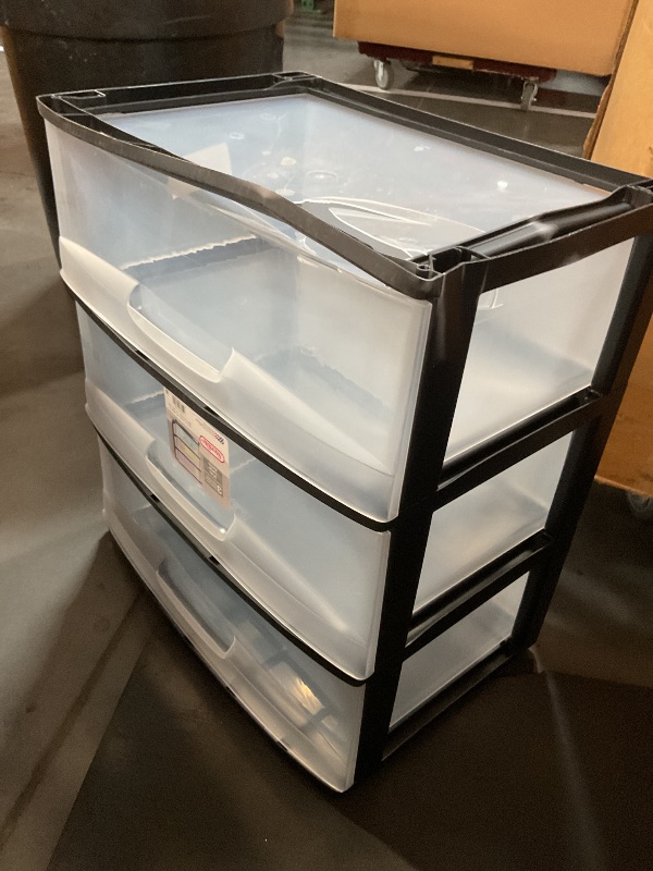 Photo 1 of ***BOTTOM PLASTIC DRAWER BROKEN - MISSING WHEELS***
3 Drawer Wide Cart Black Storage Plastic