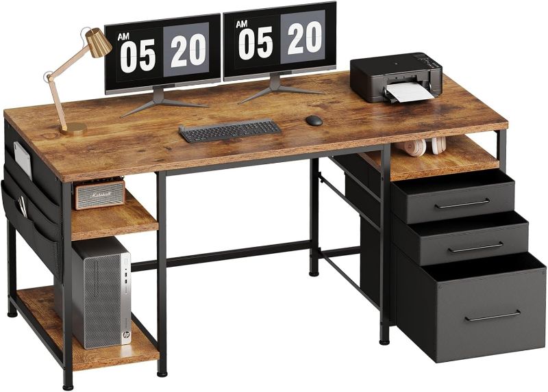 View 1 of ??????? Maihail Home Office Desk with Drawers Adjustable Shelves, 59 inch Writing Desk with File Cabinet, Large Computer Desk with Storage, Rustic Brown