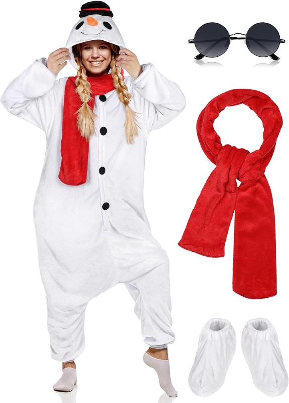 Photo 1 of ***STOCK IMAGE FOR REFERENCE***
Pieces Christmas Adult Onesie Snowman Plush Cosplay Costume Suit with Scarf Shoes Glasses for Women and Men